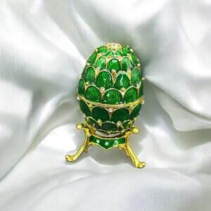 ZANZIBAR Jeweled Russian Style Green Enameled Egg With Stand Trinket Box 3 inch